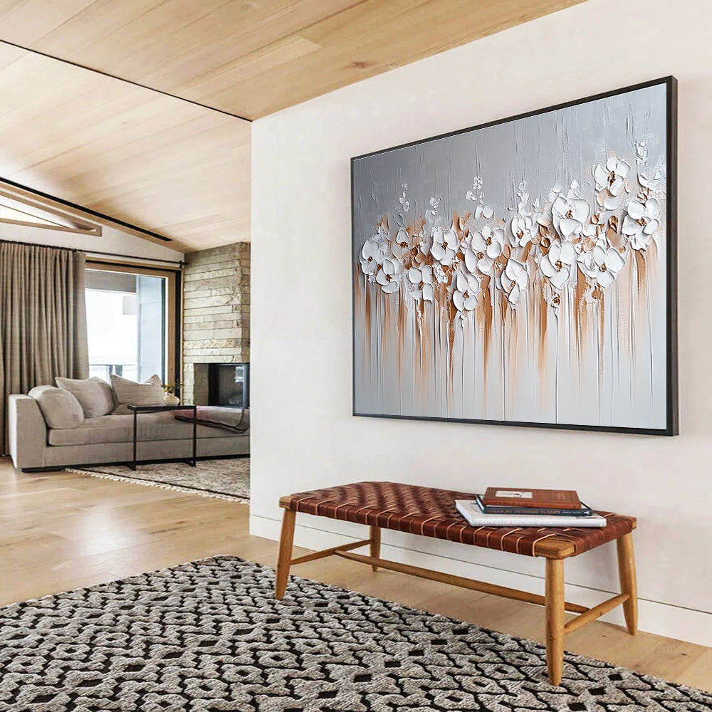 White Flowers with Brown Drips Abstract Painting in 3D Textures DYP452