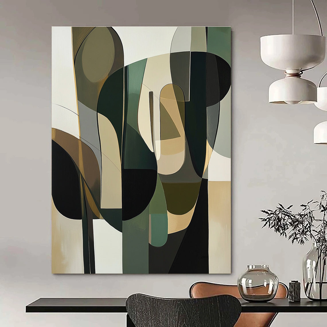 Large abstract painting featuring organic shapes in green beige and white with hints of navy blue and mustard yellow, evoking depth and human-like forms.STSC794