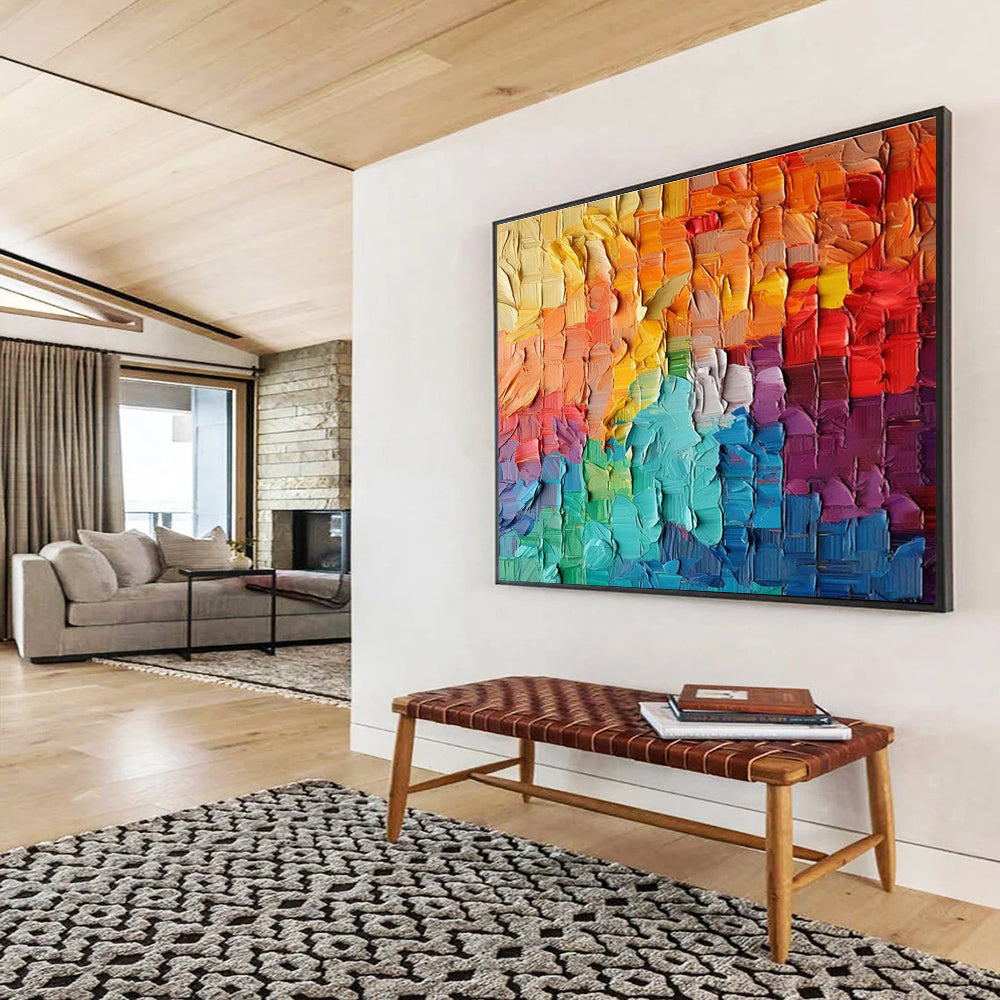 Rainbow Palette Knife Abstract Painting with Layered Color Squares THY299