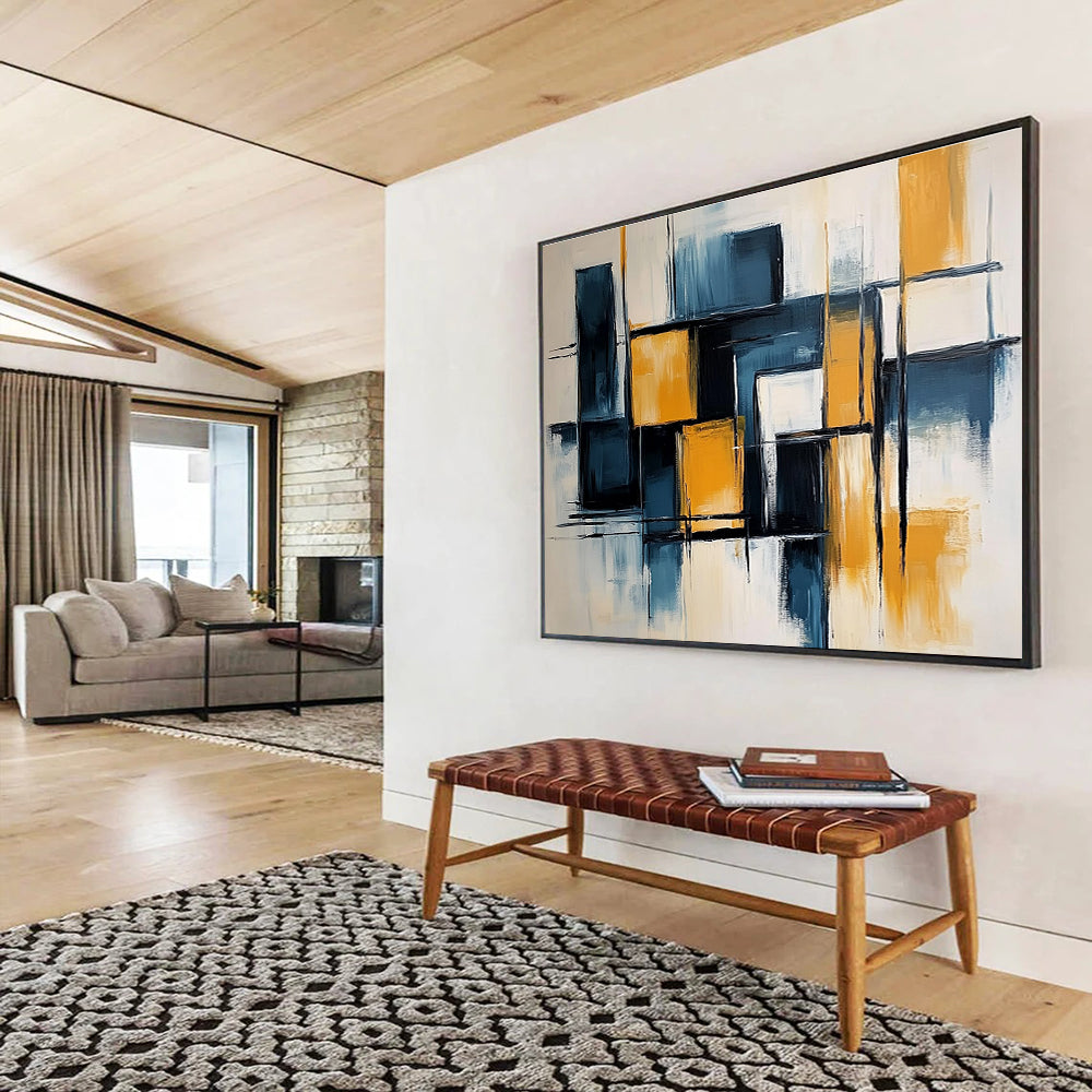 Large abstract painting with light blue and dark yellow color blocks, elegant black lines, geometric shapes, and a touch of orange on a white background.SC591