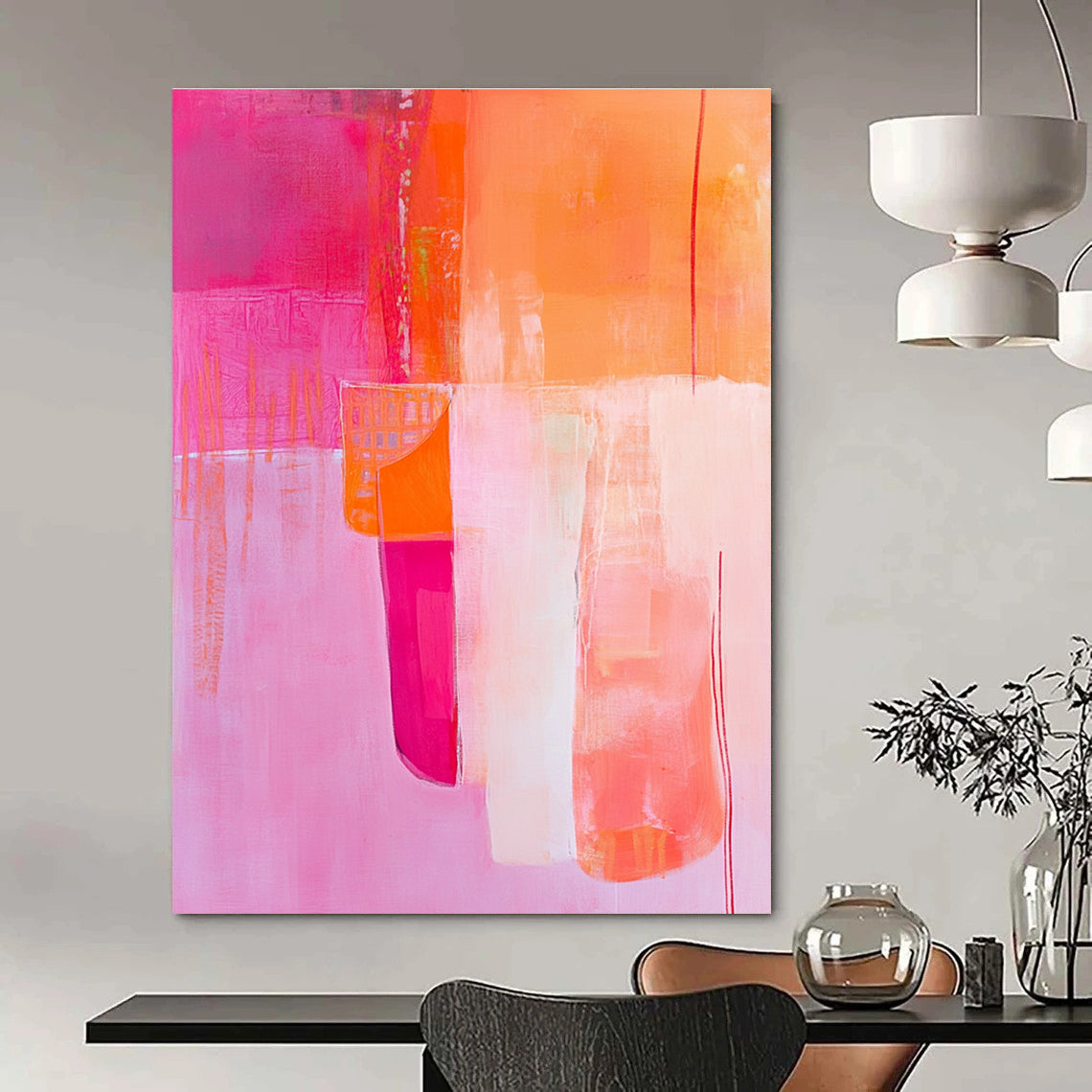 Large abstract painting featuring pink and orange tones with a textured background and playful paper cutout in the foreground.STSC785