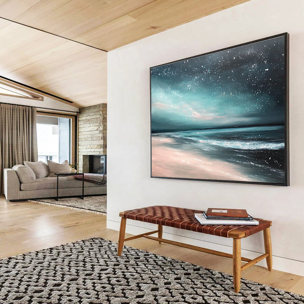 An abstract painting featuring a light teal and dark gray sky with stars, capturing a serene nighttime beach atmosphere.SC398