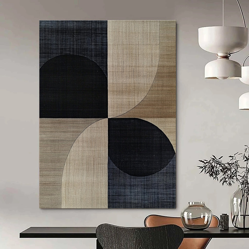 A large abstract painting featuring mid-century modern designs with black and beige shapes, wood grain texture, and subtle geometric patterns.STSC1318