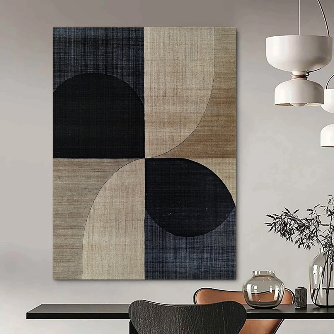 A large abstract painting featuring mid-century modern designs with black and beige shapes, wood grain texture, and subtle geometric patterns.STSC1318