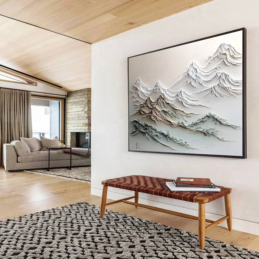 A large abstract painting featuring a stunning mountain range with intricate details and a soft color palette, evoking tranquility and majesty.SC557