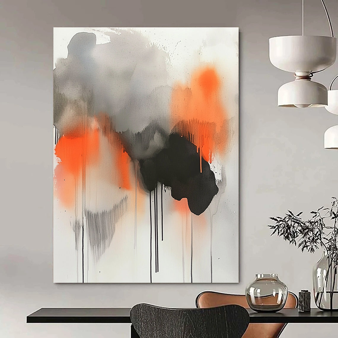 Large abstract painting featuring gray orange and black paint drips with watercolor clouds and smoke elements for a striking visual impact.STSC758