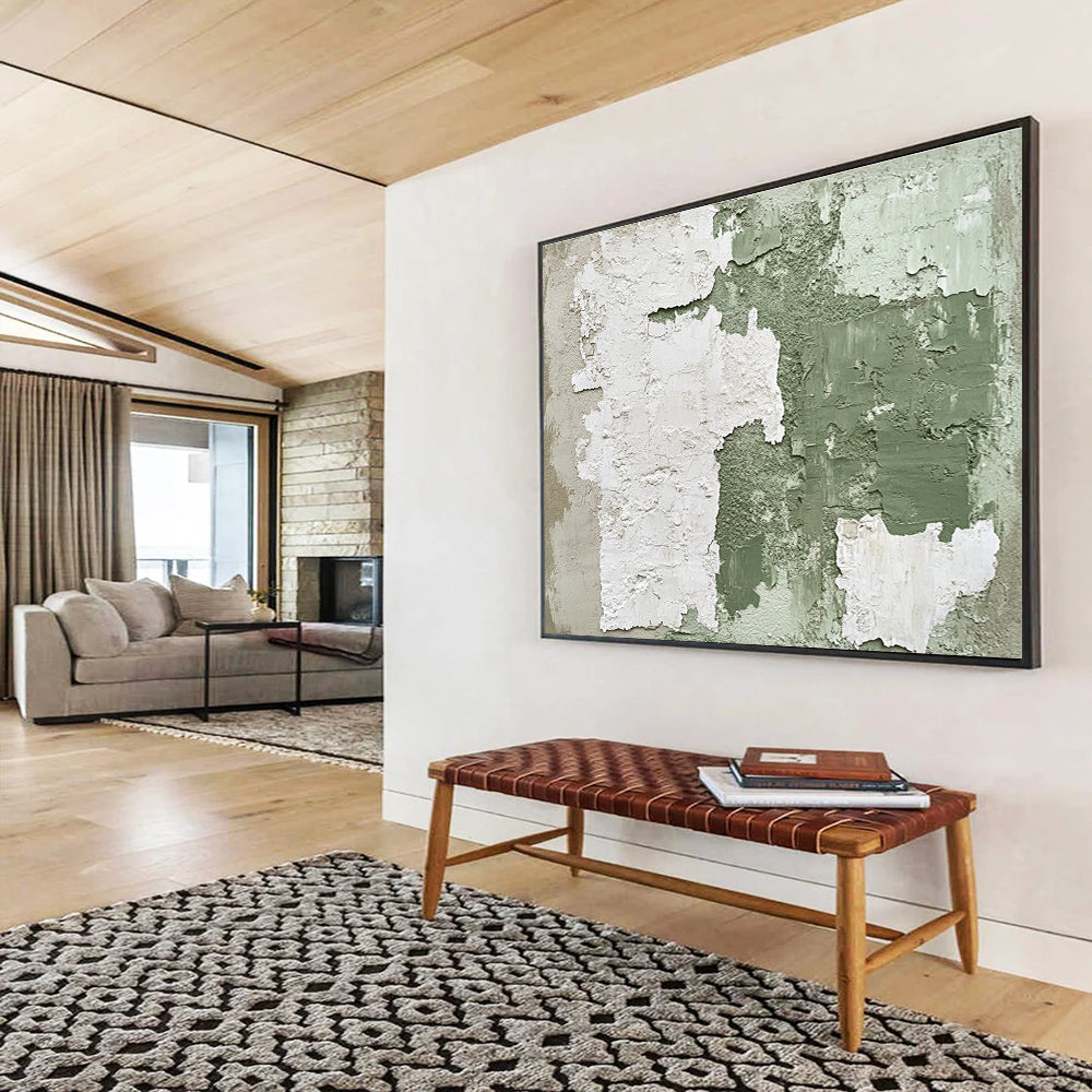 Abstract painting with a vintage feel featuring peeling green and white wall textures and distressed elements in dark brown tones.SC470