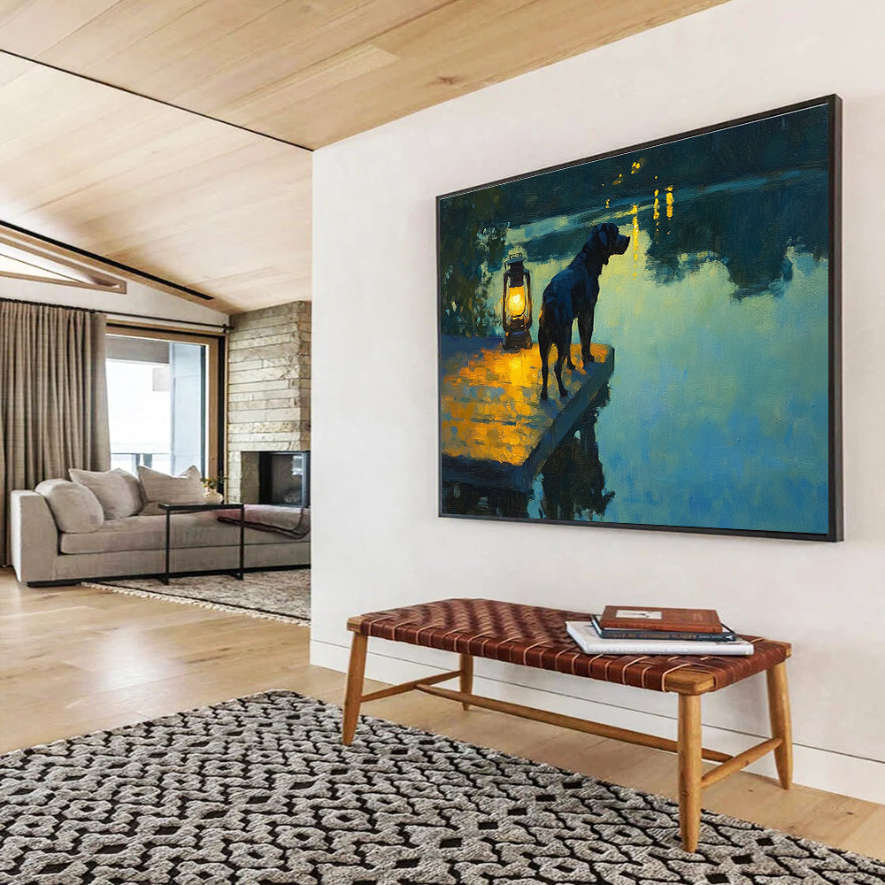 Large abstract painting featuring a black dog on a dock with a lantern reflecting on a lake at dusk in Impressionist style.SC597