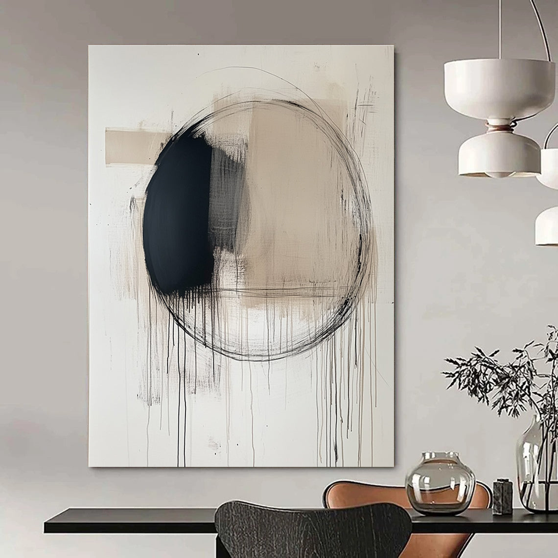 Large abstract painting featuring a central black circle with thin lines and ink drips in soft neutral tones on a white background.STSC253