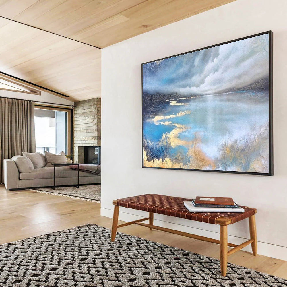 Lake Reflection Abstract Painting with Blue, Grey, and Gold Tones THY192