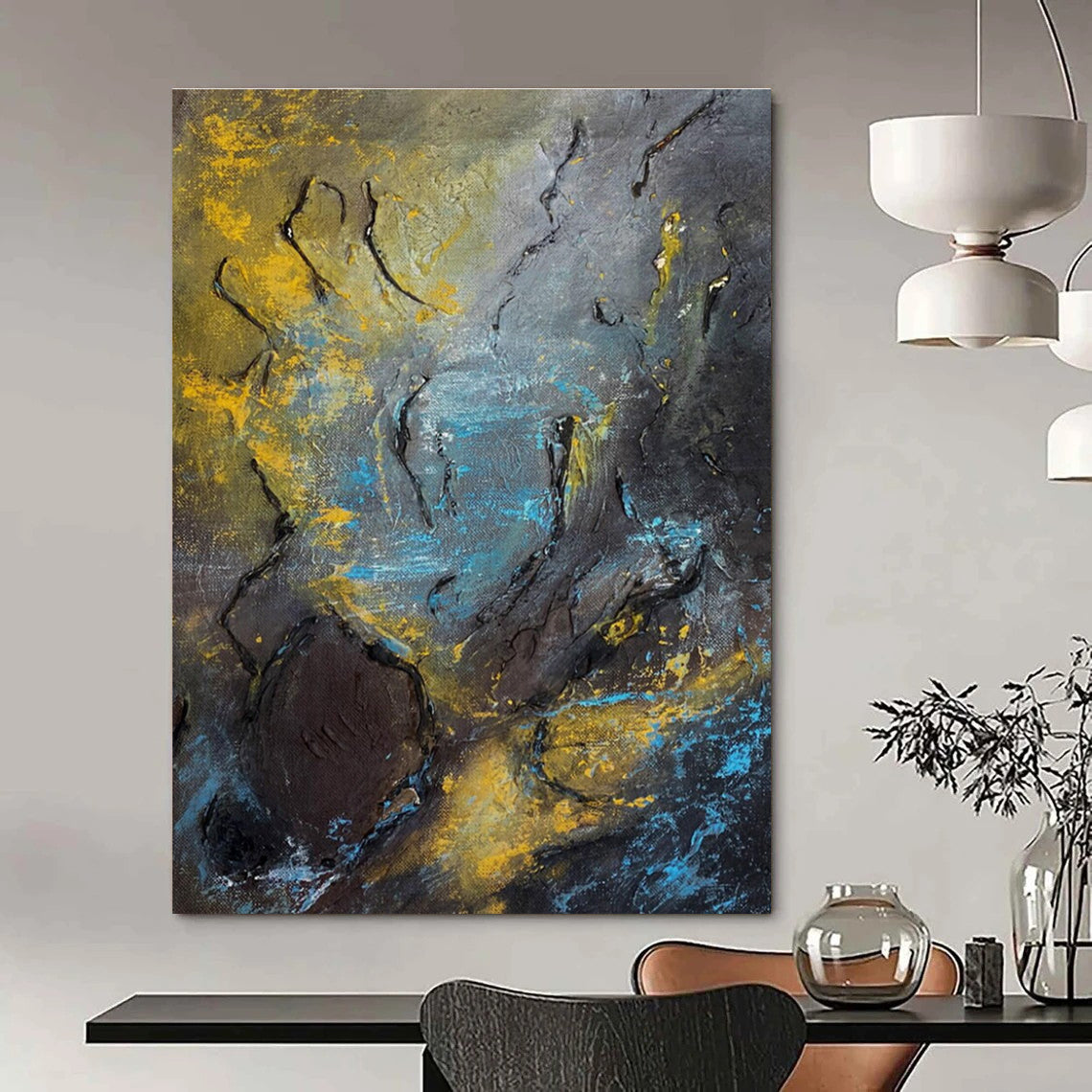 Dark Textured Abstract Painting with Yellow - Blue Accents ADGE471