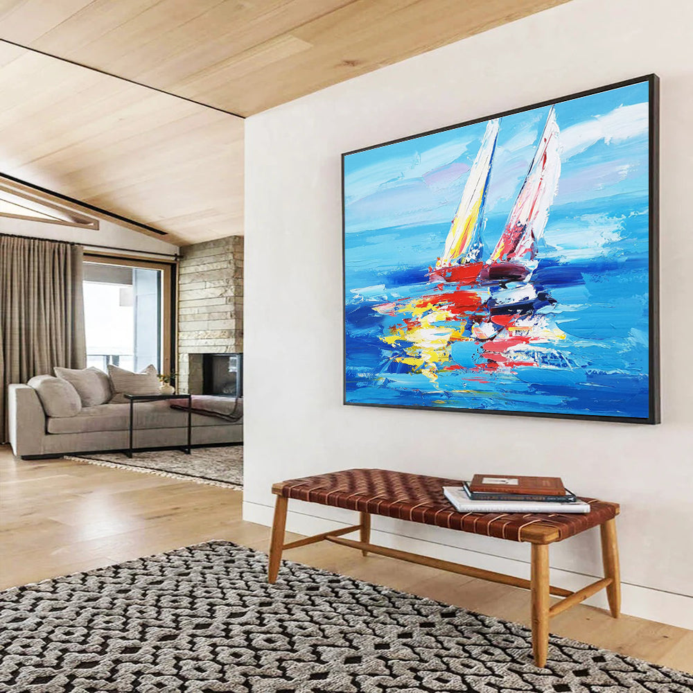 Colorful Sailboats Abstract Painting with Bold Blue and Vibrant Reflections THY268