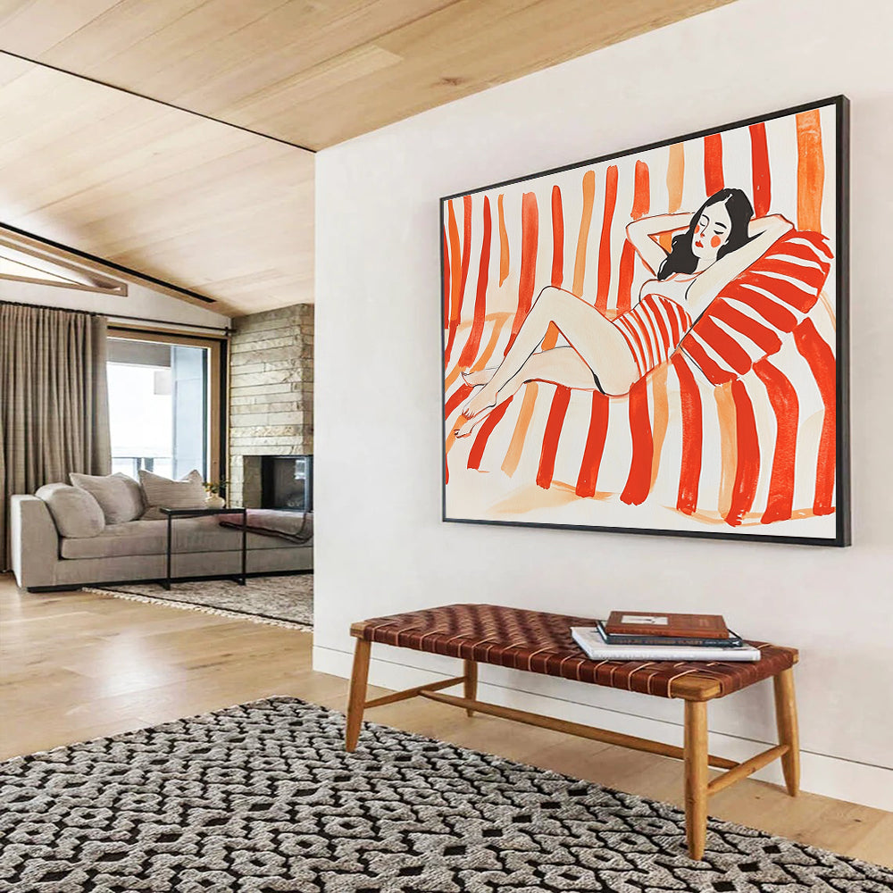 Woman Lounging on Stripes Abstract Painting with Red and White DYP164