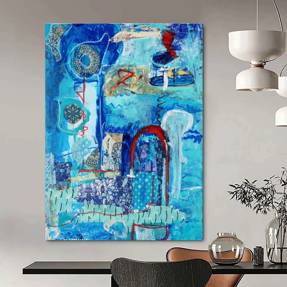 Blue - themed Collage Abstract Painting with Patterns ADGE296
