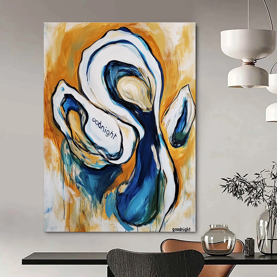 Large abstract painting of an oyster featuring the word goodnight in white and blue warm colors thick brush strokes and joyful scenes of dogs.STSC272