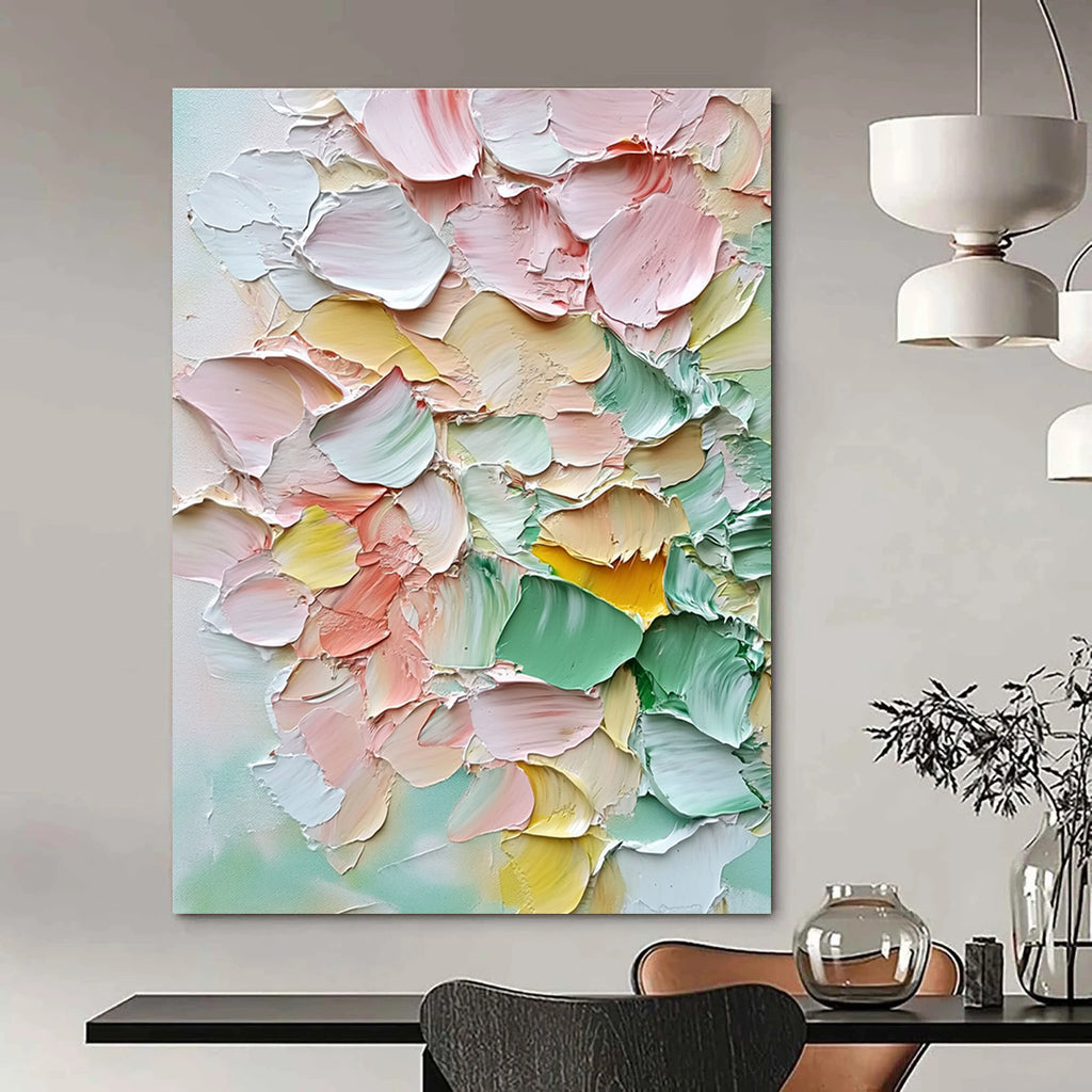 Abstract painting featuring a bouquet of pastel flowers in soft pink and green hues with vibrant accents for a warm romantic atmosphere.STSC1398
