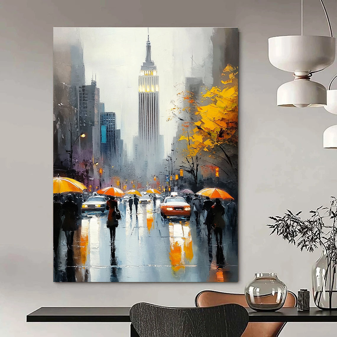 A large abstract painting capturing the Empire State Building with vibrant crowds on a rainy day featuring reflections and warm accents.STSC1137