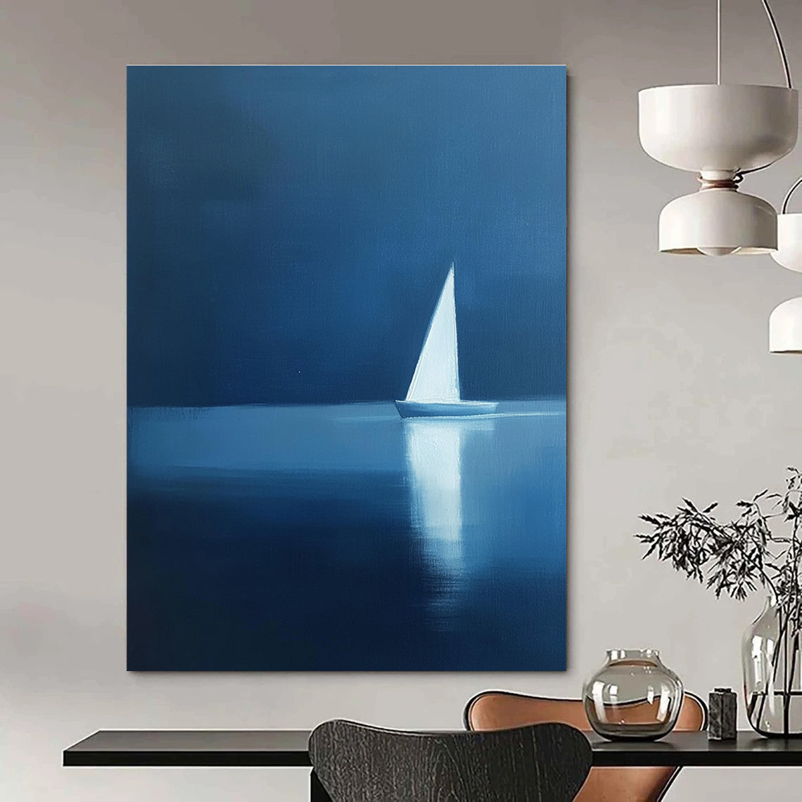 Abstract painting featuring a minimalist silhouette of a sailboat on calm water with elegant blue and white hues, creating a serene atmosphere.STSC1087