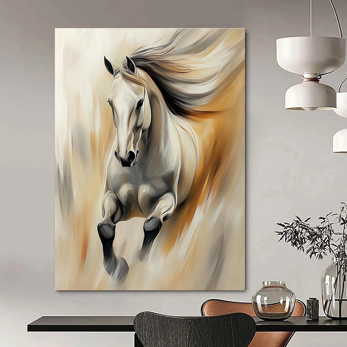A large abstract painting of an elegant horse in soft colors featuring thick brush strokes and blurred edges with dynamic lighting effects.STSC896