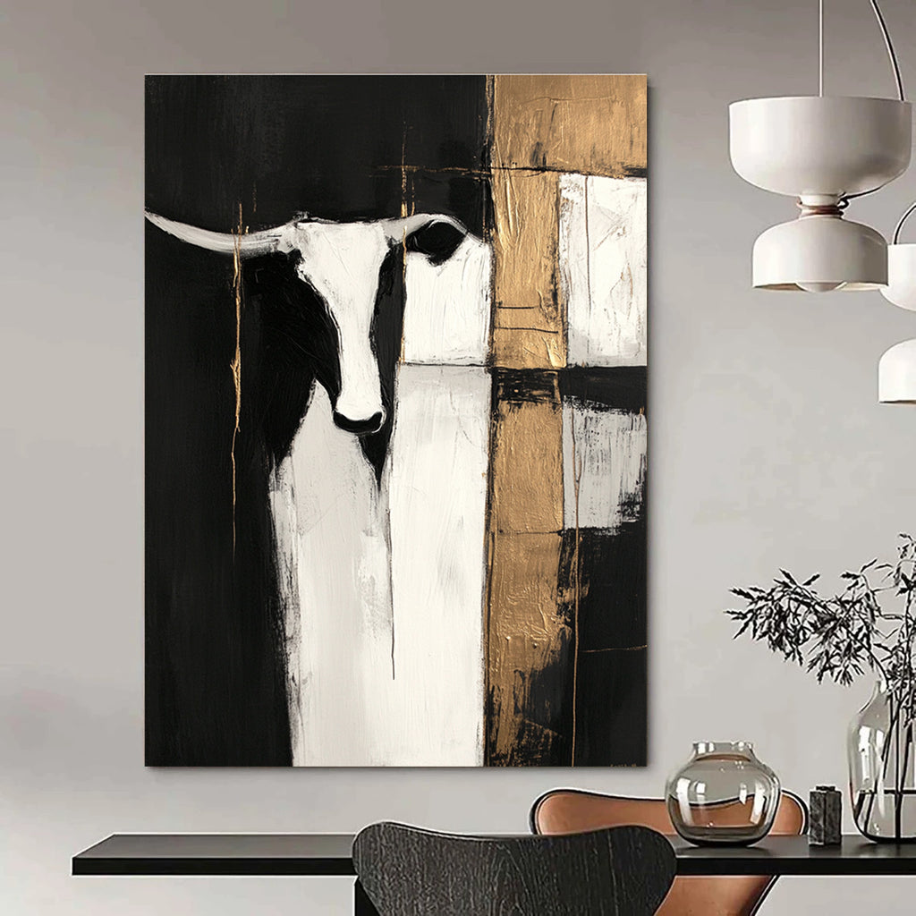 Large abstract painting in black and white with gold accents featuring cow shapes and wood planks on a dark background with visible brush strokes.STSC223