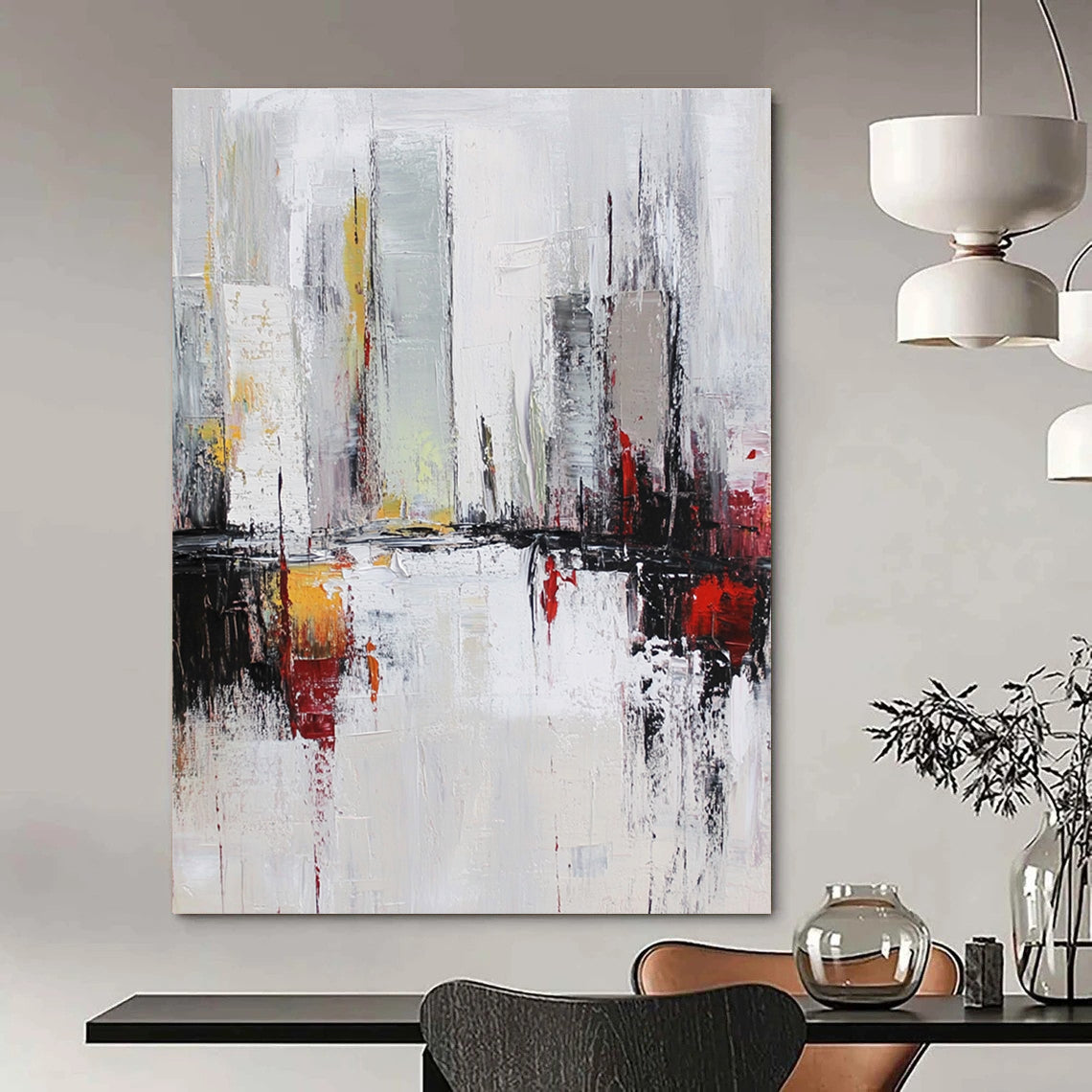 Large abstract oil painting of a cityscape in white and grey tones with red accents featuring dynamic loose brush strokes.STSC162