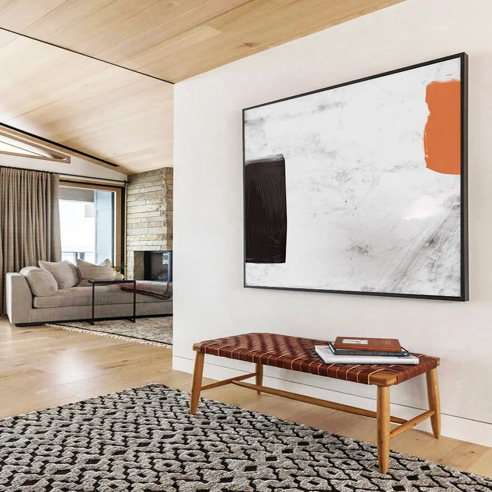Minimalist Color Block Abstract Painting with Black, White, and Orange THY146