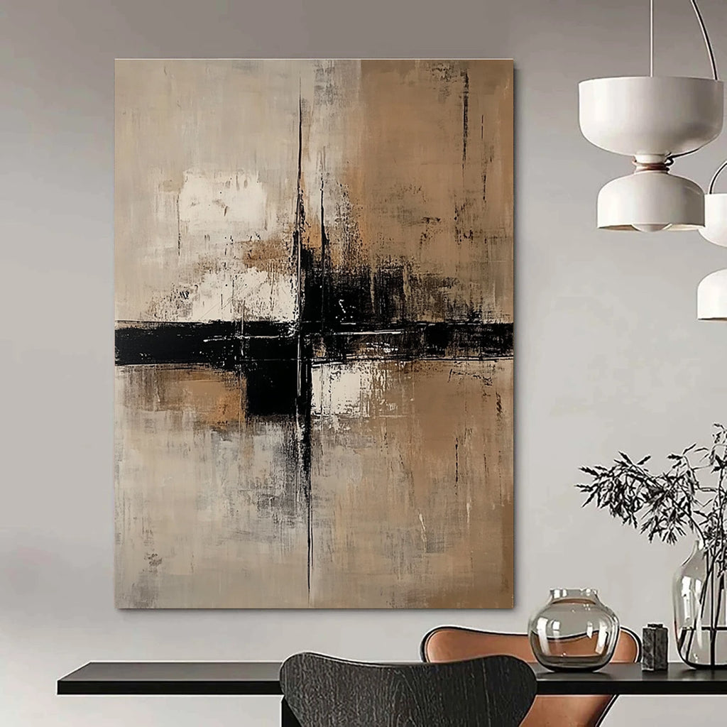 Large abstract painting featuring neutral tones of beige and white with black accents and large vertical lines on a dark gray background.STSC238