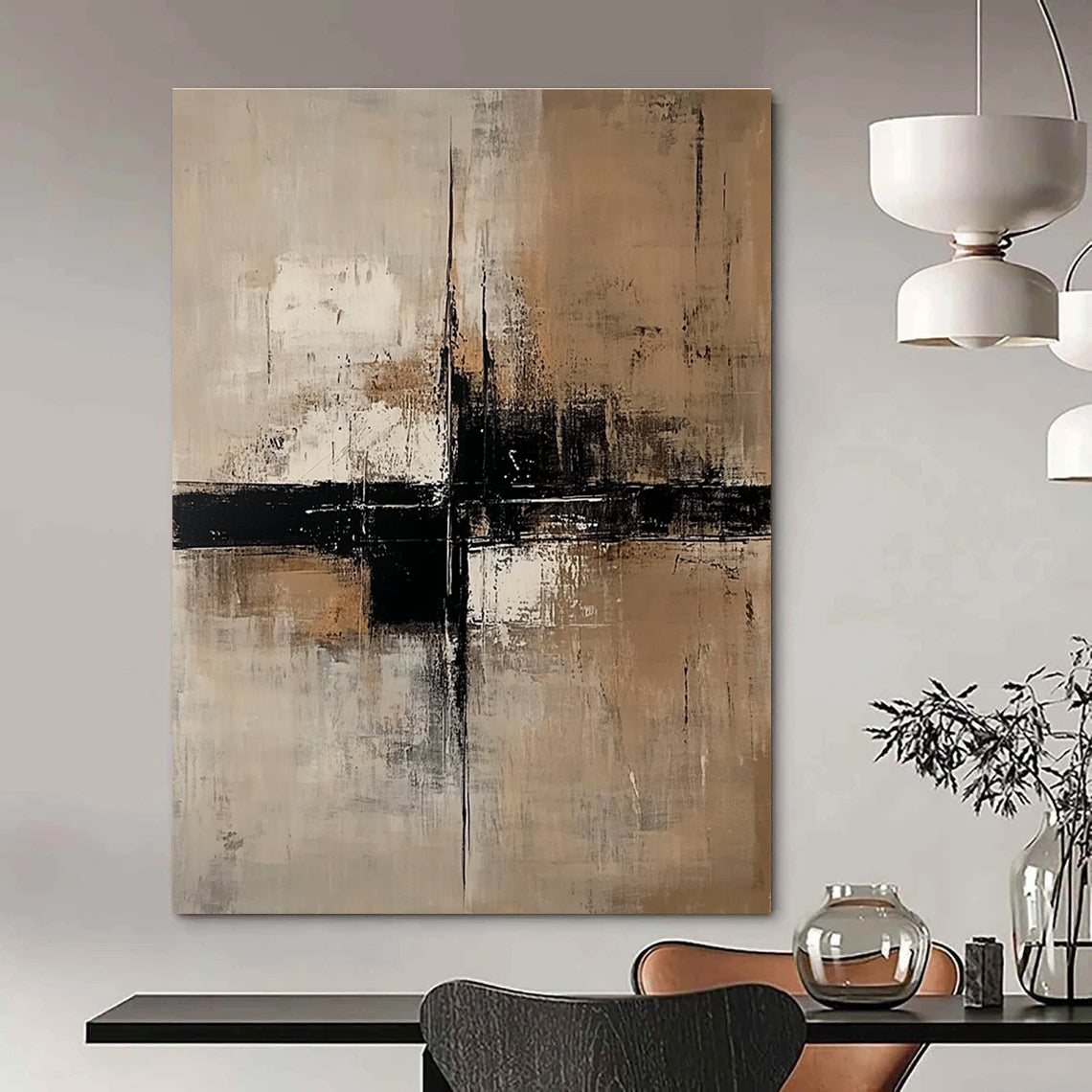 Large abstract painting featuring neutral tones of beige and white with black accents and large vertical lines on a dark gray background.STSC238