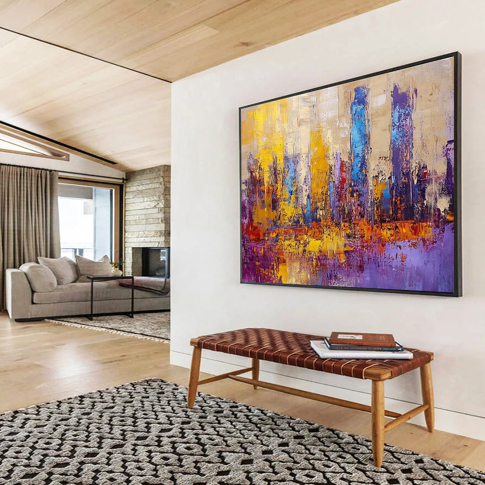 Colorful Cityscape Abstract Painting with Purple and Gold Accents DYP514