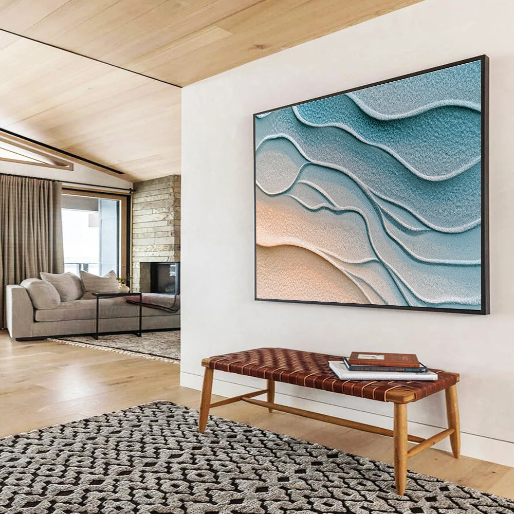 This abstract painting portrays textured Martian sand in soft light blue and gray hues, creating a serene and tranquil atmosphere with gentle ripples.SC452