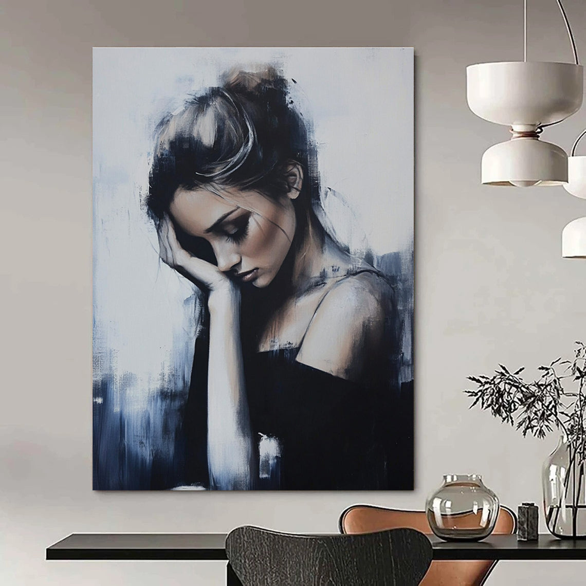 Abstract painting featuring a woman in soft tones with elegant figures and broad brushstrokes set against a minimalist background of gray and blue hues.STSC1266
