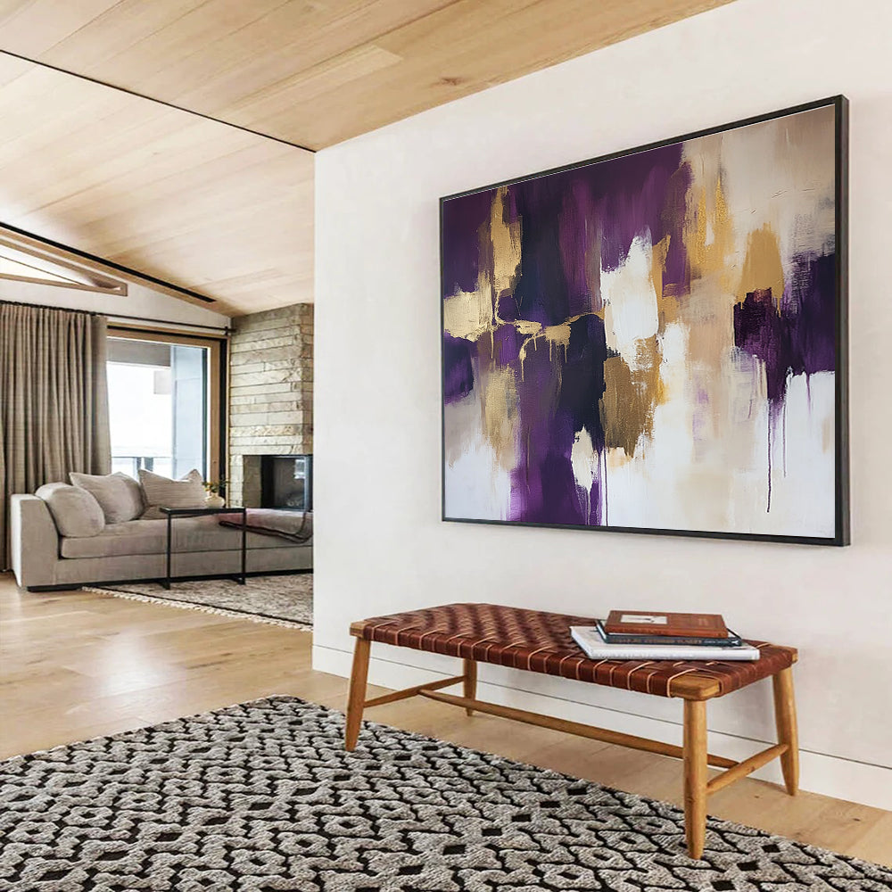 Large abstract painting with gold leaf highlights in shades of purple and beige accented by soft white edges creating a stunning composition.SC237