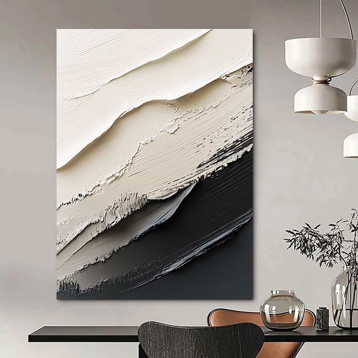 Large abstract painting in black and white featuring dynamic brush strokes and rich textures that create striking contrasts and depth.STSC1470