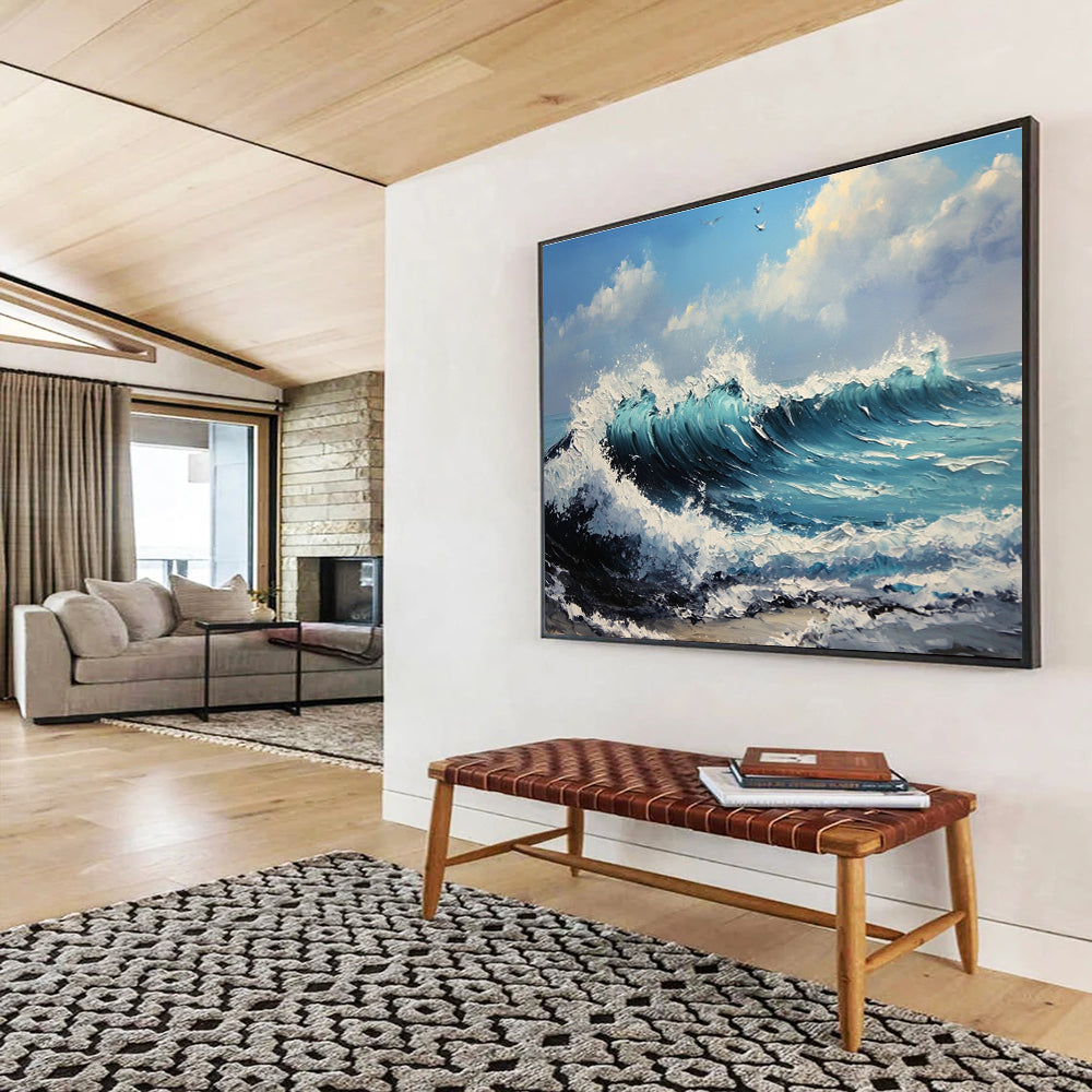 Crashing Waves at Sea Impasto Abstract Painting with Turquoise Blues DYP599