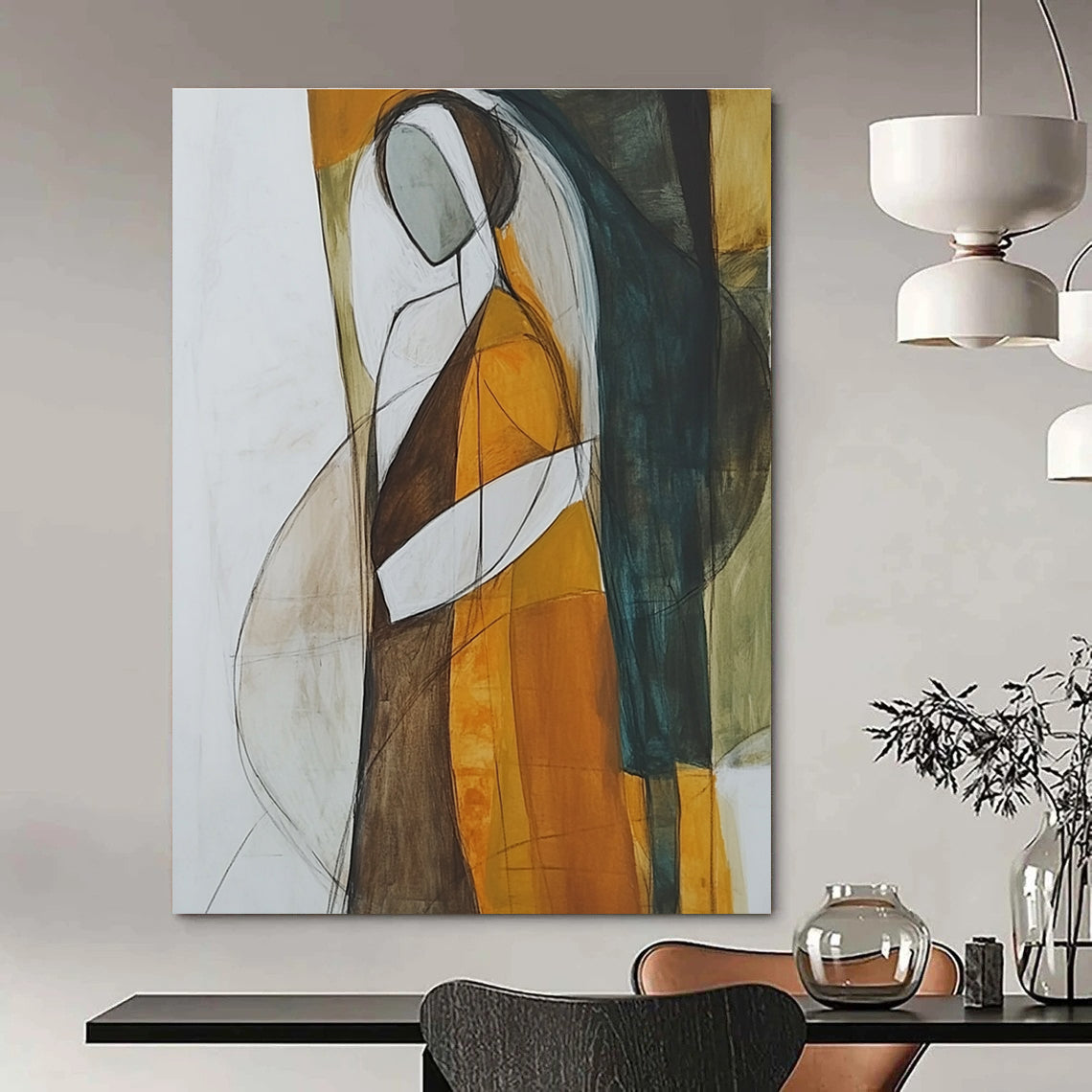 Abstract painting featuring a woman in a brown and orange dress with a white veil showcasing minimalism and surrealism in muted tones and negative space.STSC298