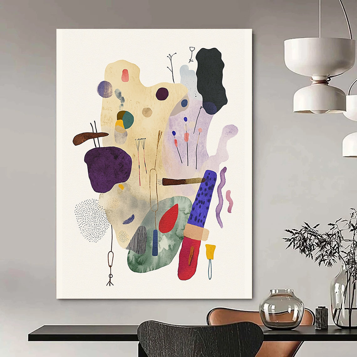 A large abstract watercolor and ink illustration featuring whimsical objects in muted pastel tones and playful textures on a textured paper background.STSC1238