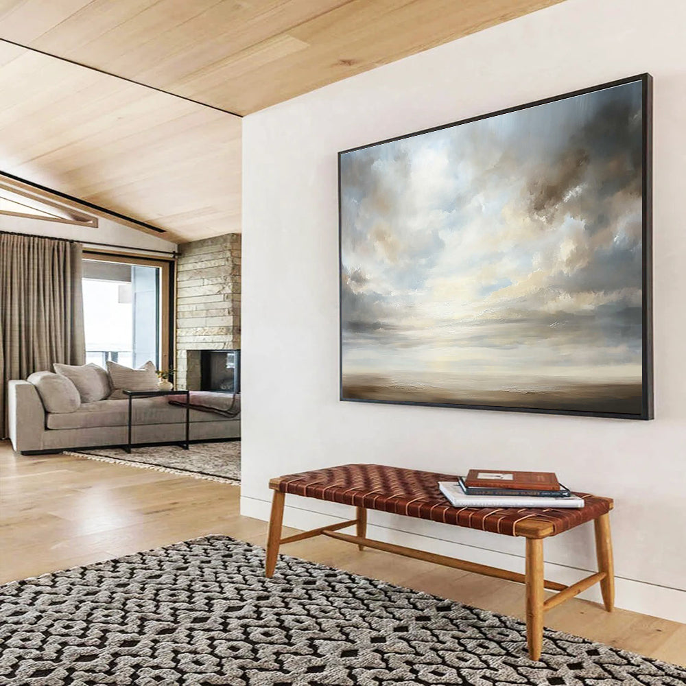 A large abstract painting featuring an open sky with billowing clouds in soft pastels, symbolizing peace and infinite possibilities.SC560