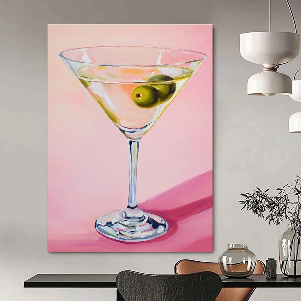 Abstract painting featuring a martini glass with an olive against a soft pink background showcasing gentle lighting and serene elegance.STSC1383