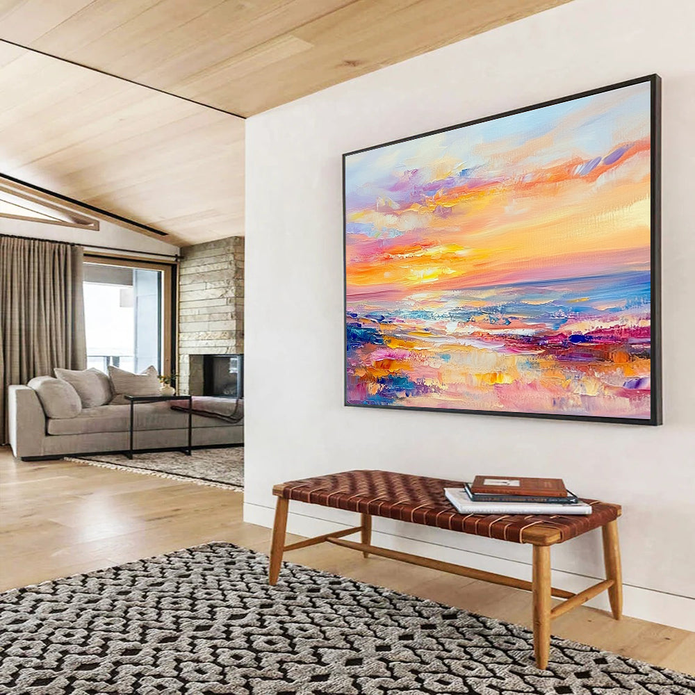 A large abstract painting of the sea at sunset in pastel colors with soft brushstrokes evokes calmness and tranquility.SC416