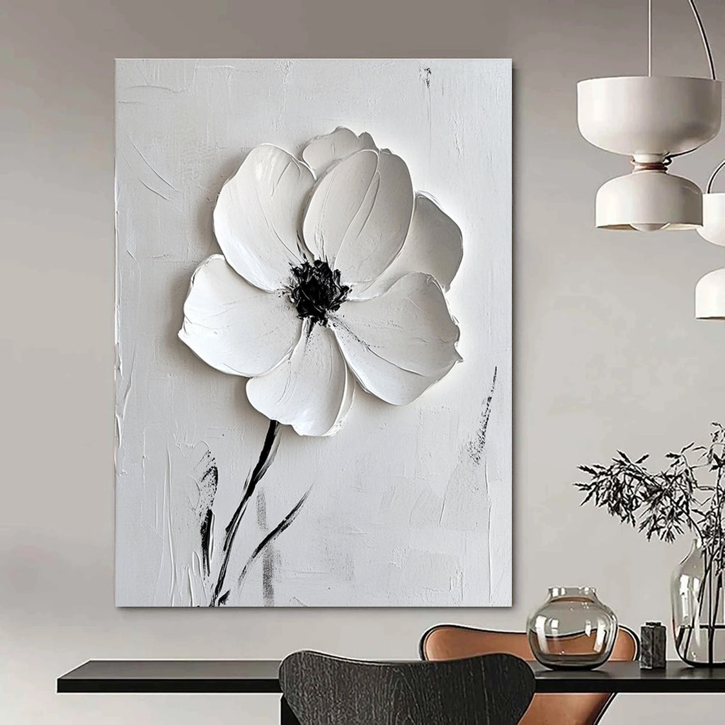 Large abstract white flower painting on canvas with textured brush strokes and elegant minimalist style in white and grey tones.STSC515