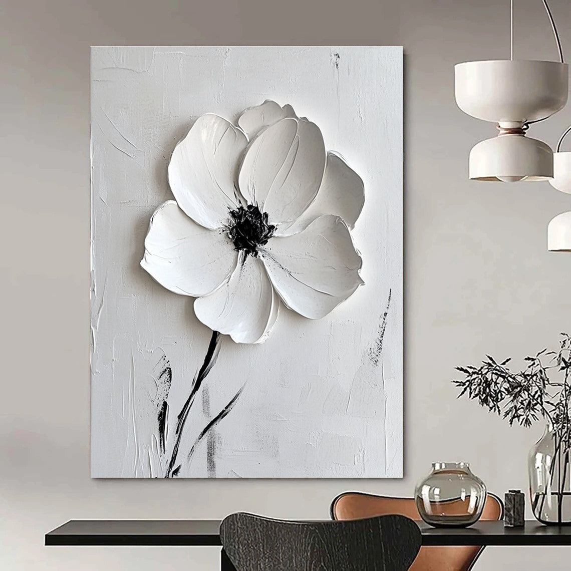 Large abstract white flower painting on canvas with textured brush strokes and elegant minimalist style in white and grey tones.STSC515