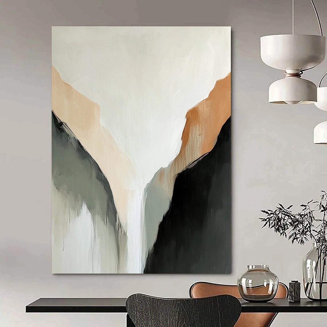 Large abstract painting of a tranquil mountain range in muted beige and black tones against a serene white background.STSC652