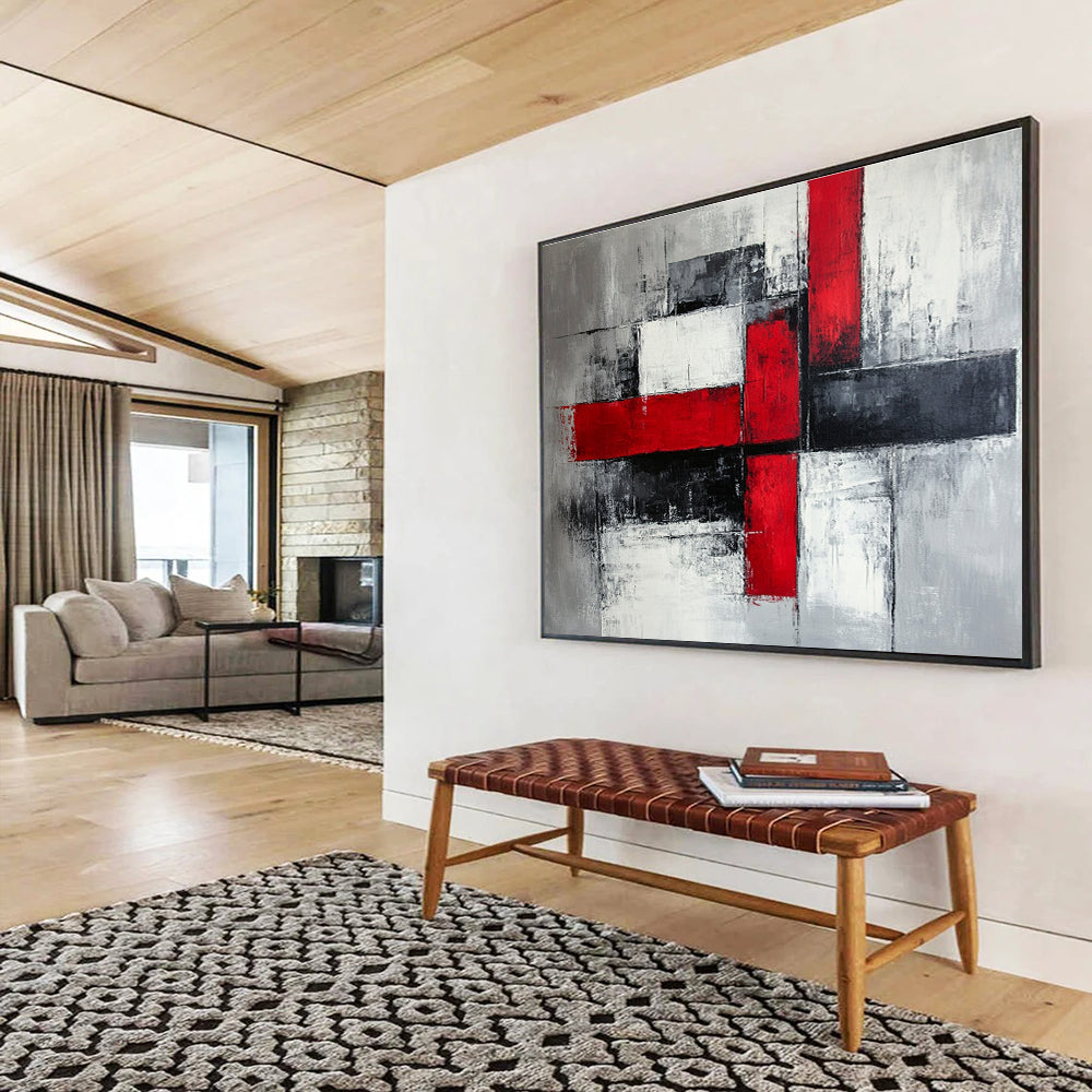Red Black and Gray Abstract Painting with Cross Forms DYP397