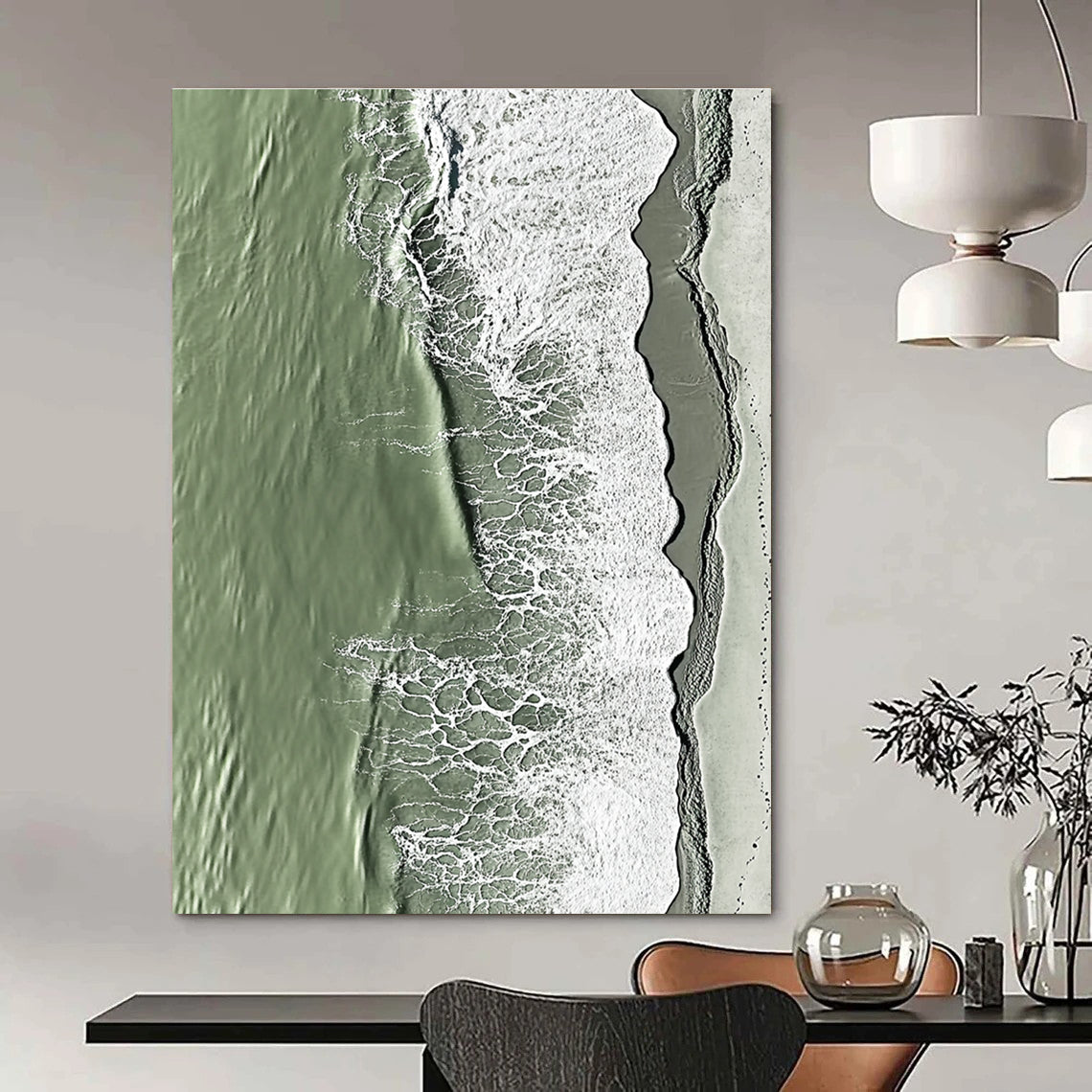 A large abstract painting capturing the serene edge where sand meets water in green and grey tones with rolling waves.STSC1158