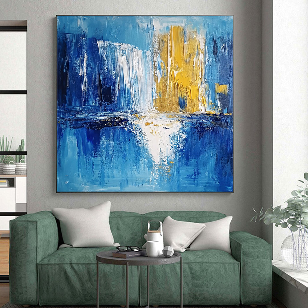 Blue and Gold Abstract Painting with Reflective Motifs GER390