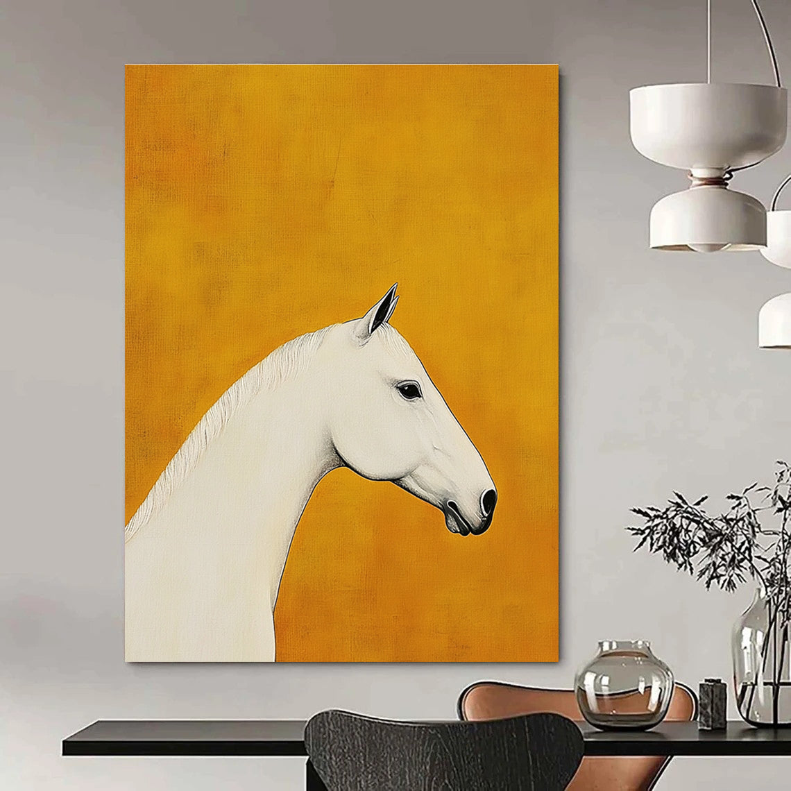 A large abstract painting featuring a white horse's head and neck profile on a mustard yellow background with soft lighting highlighting its silhouette.STSC1090