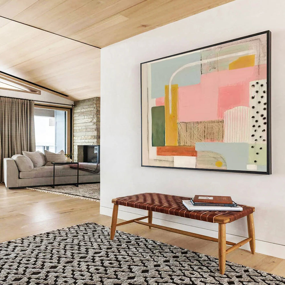 Pastel Geometry Abstract Painting with Pink, Green, and Yellow Tones THY204