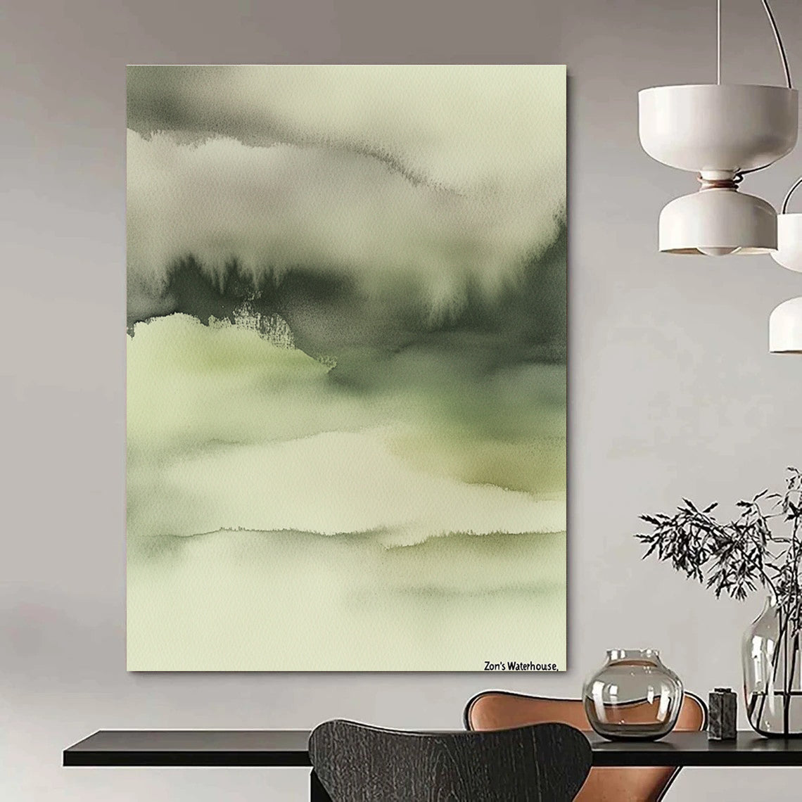 Large abstract painting in muted tones featuring soft dreamy colors and blurred edges with intricate details in ink wash style on a beige background.STSC068