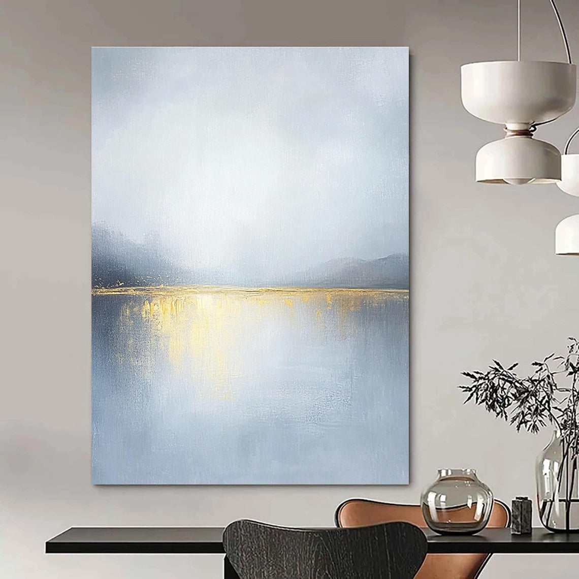 Large abstract painting of an overcast sky with golden water reflections soft tones and serene landscape capturing a tranquil mood.STSC271