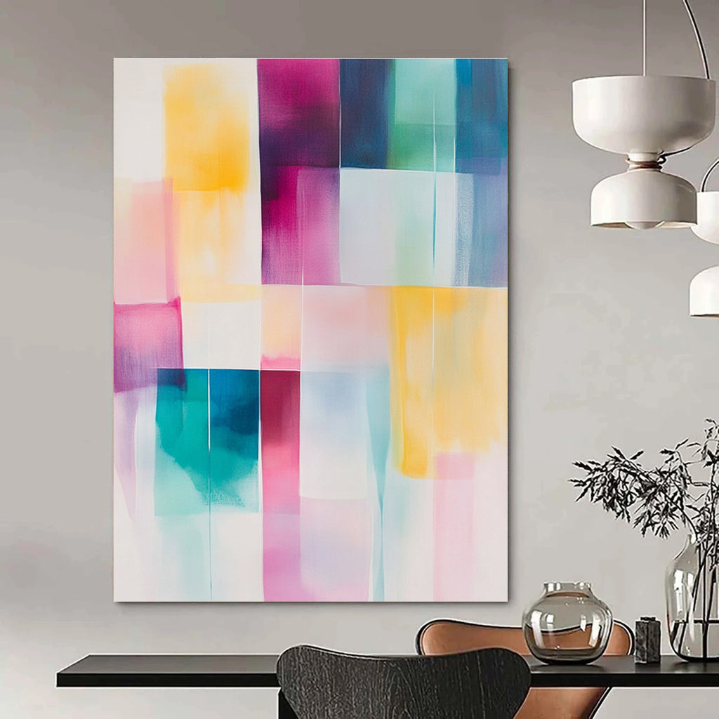 Large abstract painting in soft pastel colors featuring geometric blocks of pink yellow teal and white for a calming artistic touch.STSC804